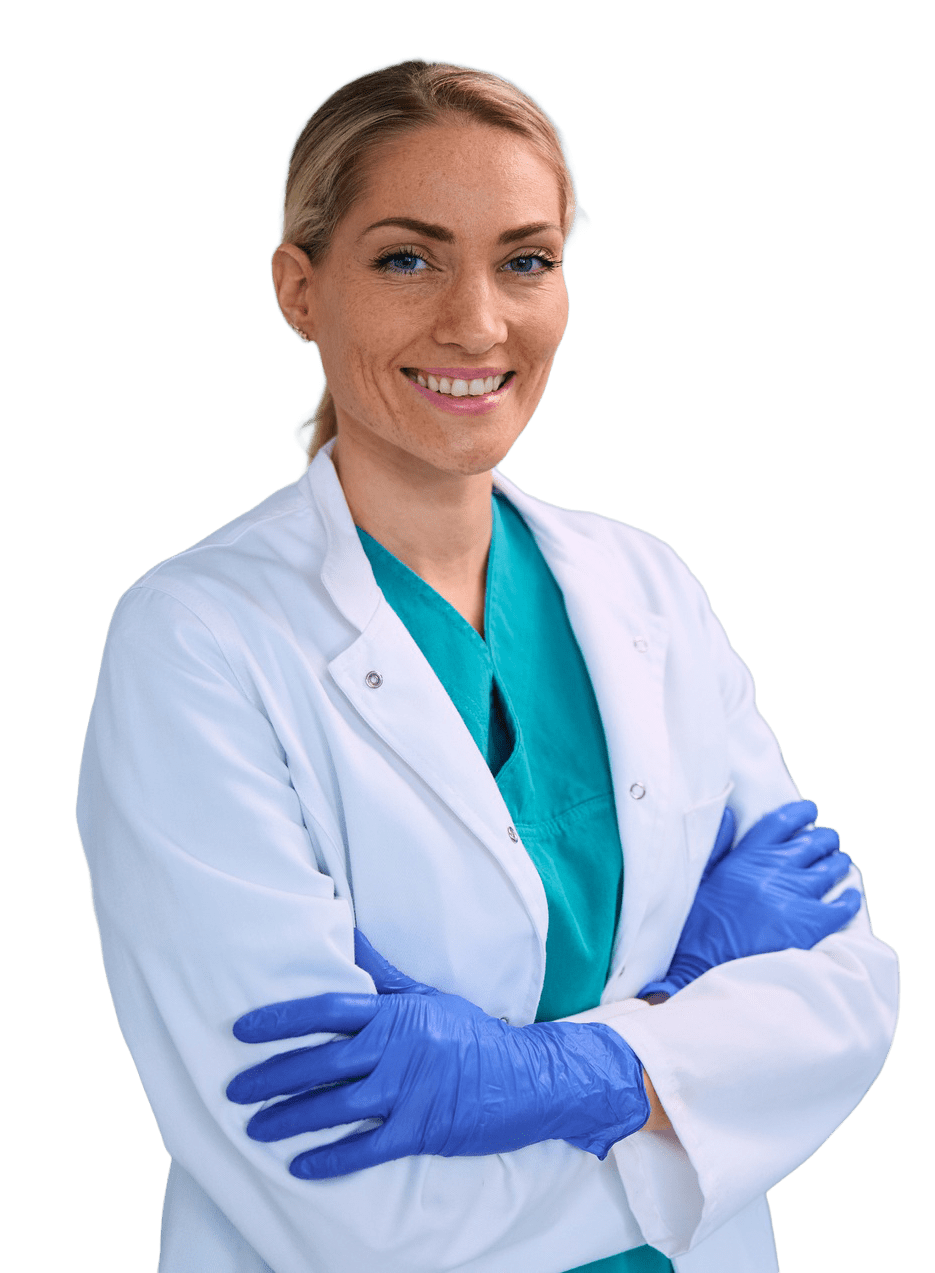 Confident female dentist in white coat and blue gloves representing dental professionals supported by Otten-Rey Dental Sales.